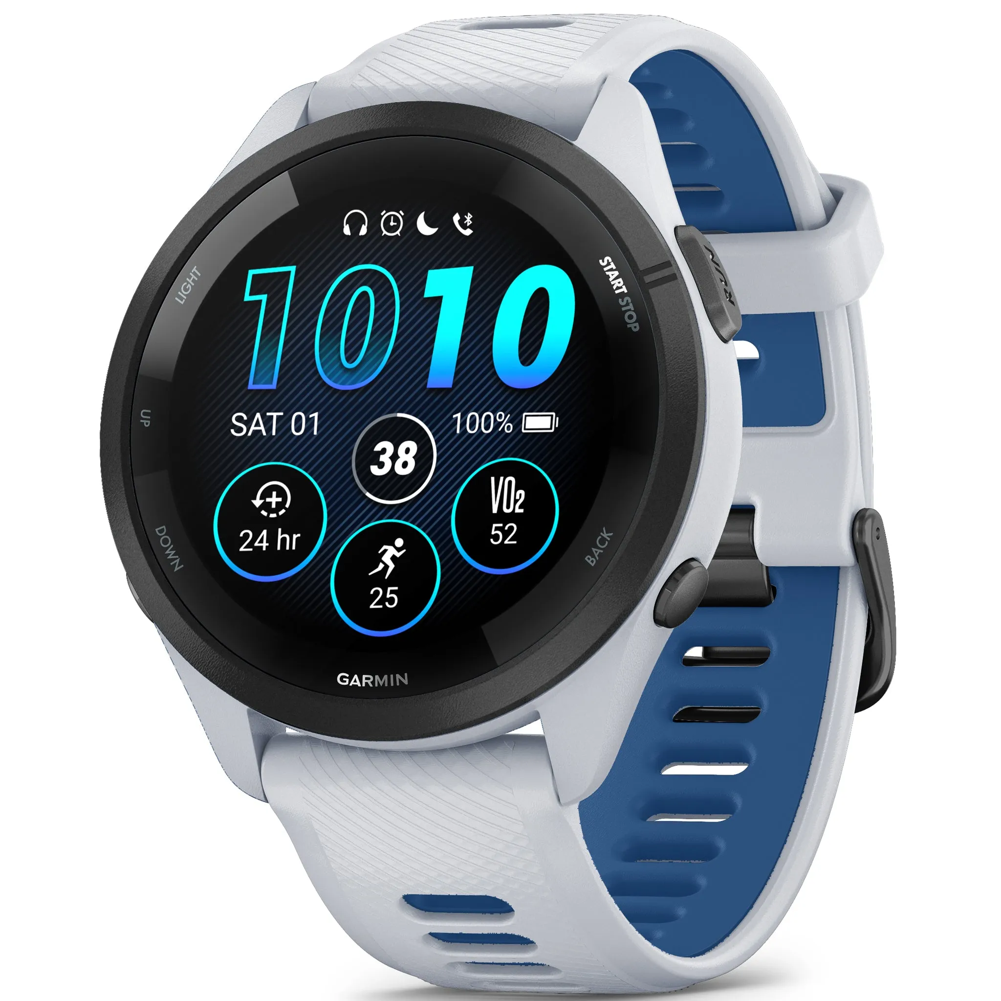 Garmin Forerunner 265 Forerunner Black Bezel with Whitestone Case and Whitestone - Tidal Blue Silicone Band